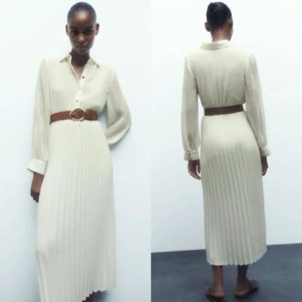 Zara Cream Long Sleeve Pleated Dress - Picture 3 of 8